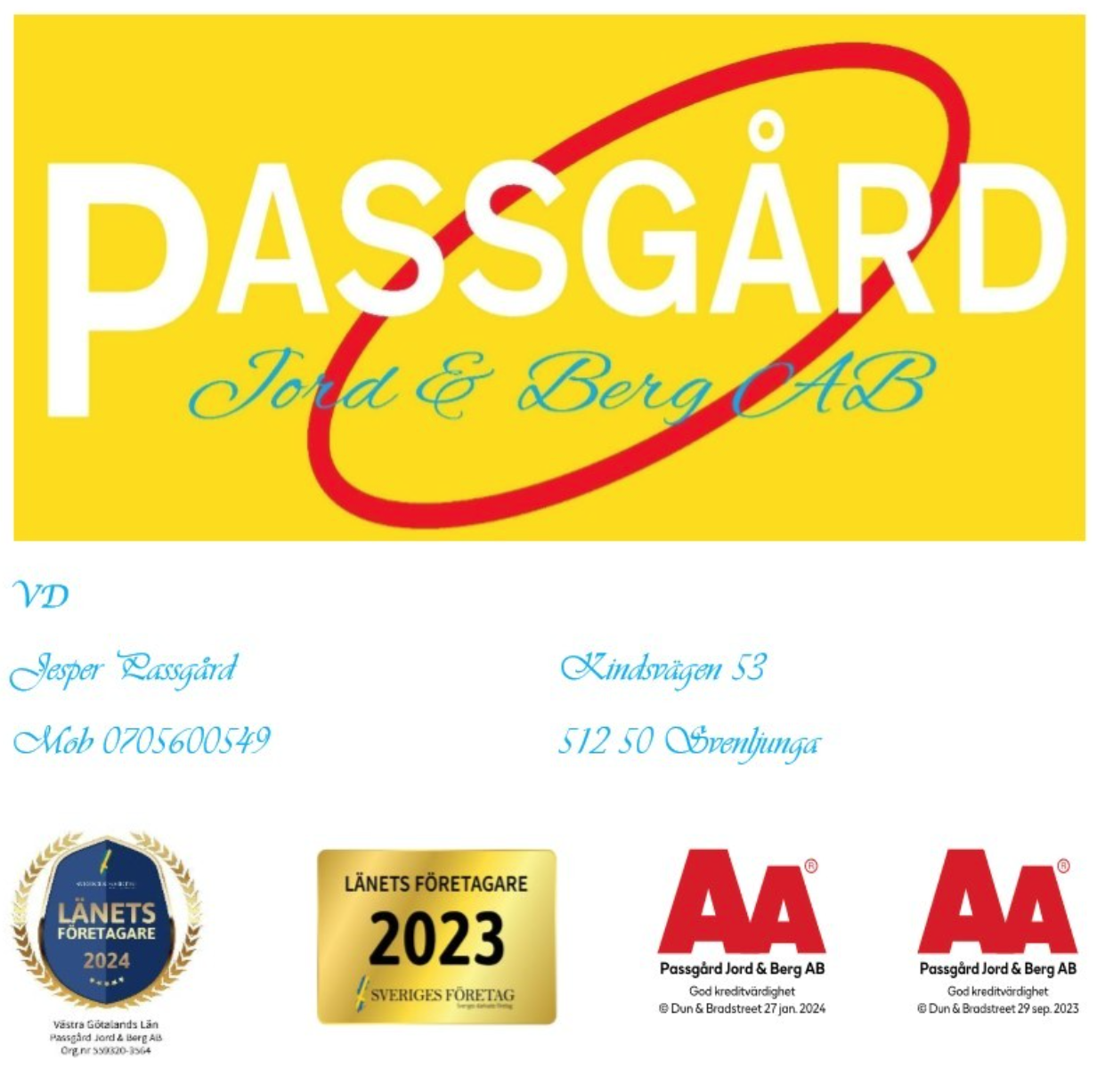 Passgård Jord & Berg AB logotyp och kontaktinformation